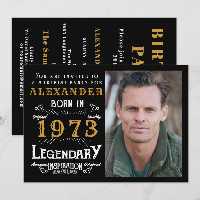 50th Birthday Born 1973 Black Gold Retro Photo Invitation (Front/Back)