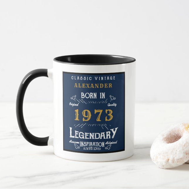 50th Birthday Born 1973 Retro Black Blue Mug (With Donut)