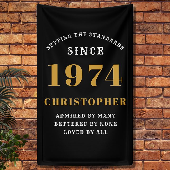 50th Birthday Born 1974 Add Name Black Gold Banner (50th Birthday Party Wall Banner - Customizable Black and Gold Decorative Piece.)