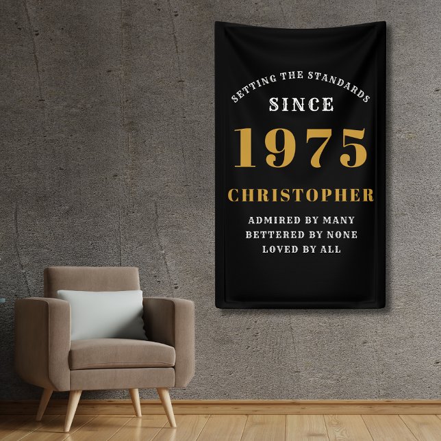 50th Birthday Born 1975 Add Name Black Gold Banner (50th birthday born in 1975 black and gold banner. Personalize with name and year.)