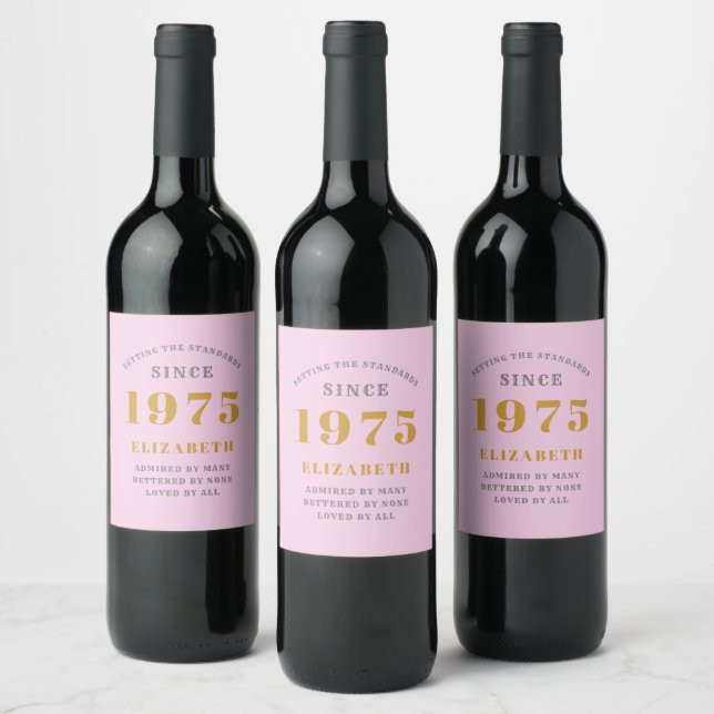 50th Birthday Born 1975 Add Name Pink Grey Wine Label (Bottles)