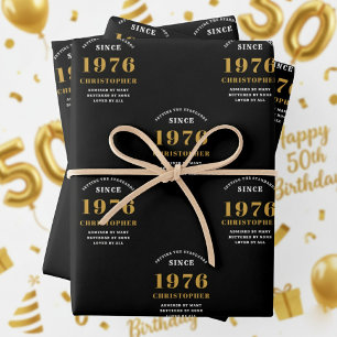 50th Birthday born 1976 Add Name Black Gold Wrapping Paper Sheet