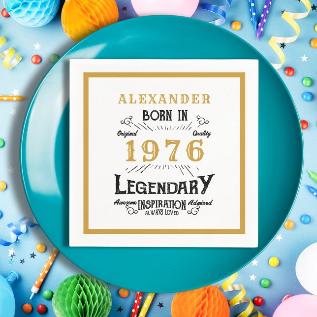 50th Birthday Born 1976 White Gold Legend Napkin (Born 1976 napkin on a blue plate)
