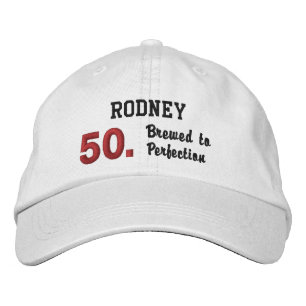 50th Birthday BREWED to PERFECTION White Red V05 Embroidered Hat