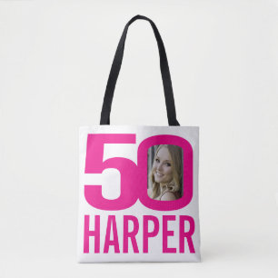 50th birthday bright pink 50 custom photo tote bag