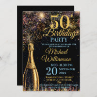 50th Birthday Bubbly Fireworks Gold Blue