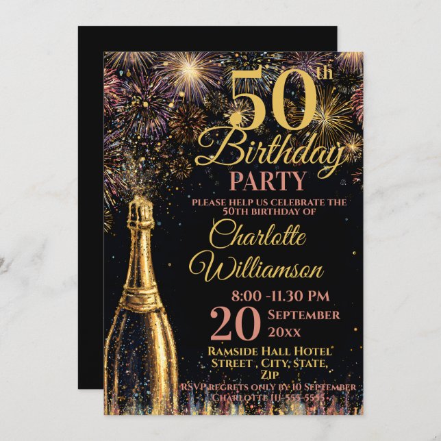 50th Birthday Bubbly Fireworks Gold Pink Invitation (Front/Back)