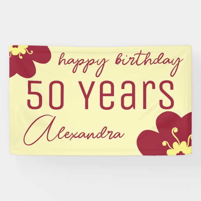 50th Birthday Burgundy Blossom Name Banner (Horizontal)