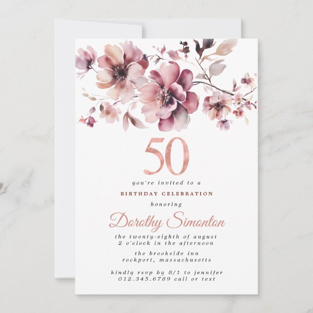 50th Birthday Burgundy Dusty Blush Pink Floral Invitation (Front)