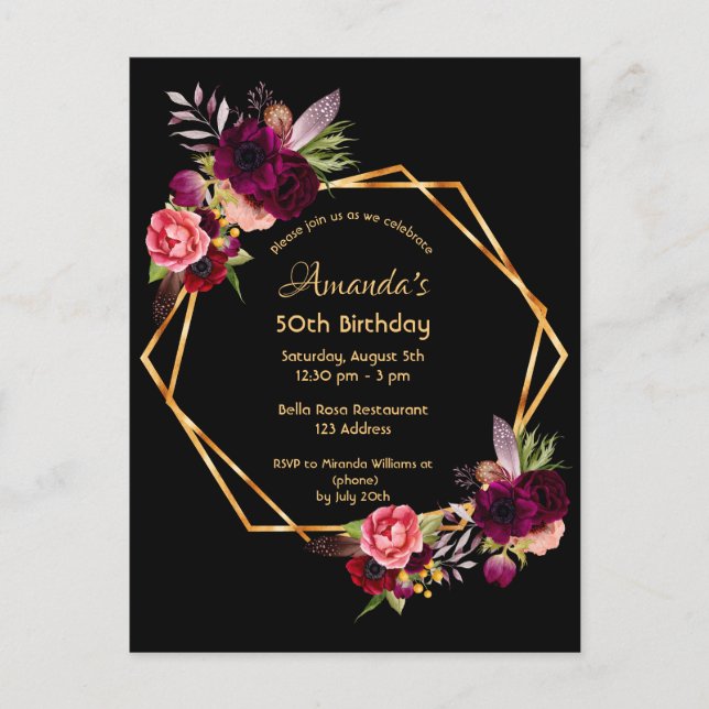 50th birthday burgundy floral black invitation postcard (Front)