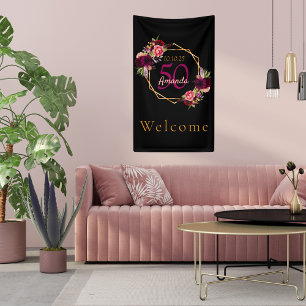 50th birthday burgundy floral gold geometric black banner