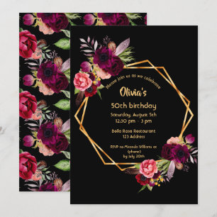 50th birthday burgundy floral gold geometric black invitation