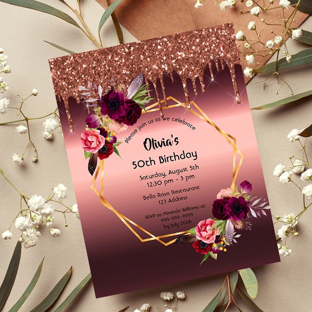 50th birthday burgundy florals glitter invitation postcard (Creator Uploaded)