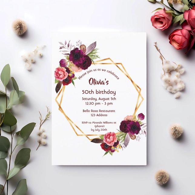 50th birthday burgundy florals gold geometric invitation (Creator Uploaded)