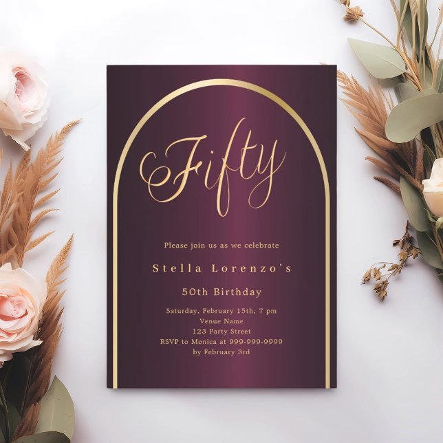 50th birthday burgundy gold arch script elegant invitation (Creator Uploaded)