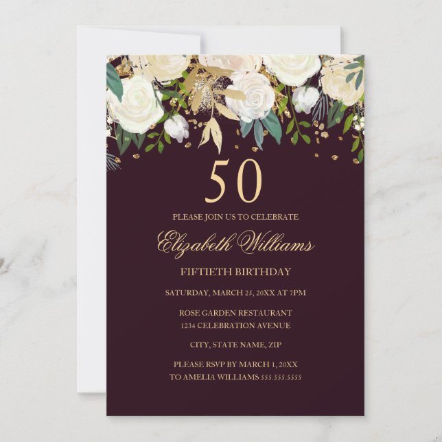 50th Birthday Burgundy Gold Floral Invitation (Front)
