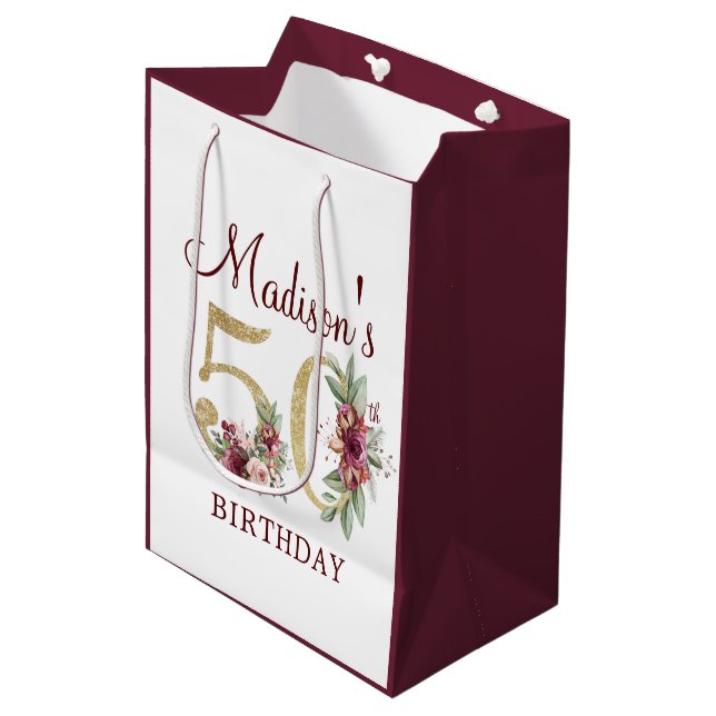50th Birthday Burgundy Gold Floral personalised Medium Gift Bag (Front Angled)