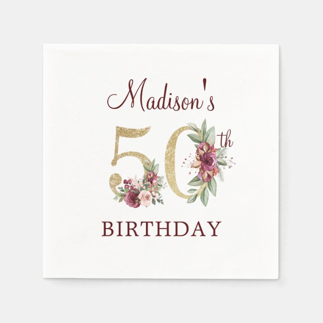 50th Birthday Burgundy Gold Personalised Napkin (Front)