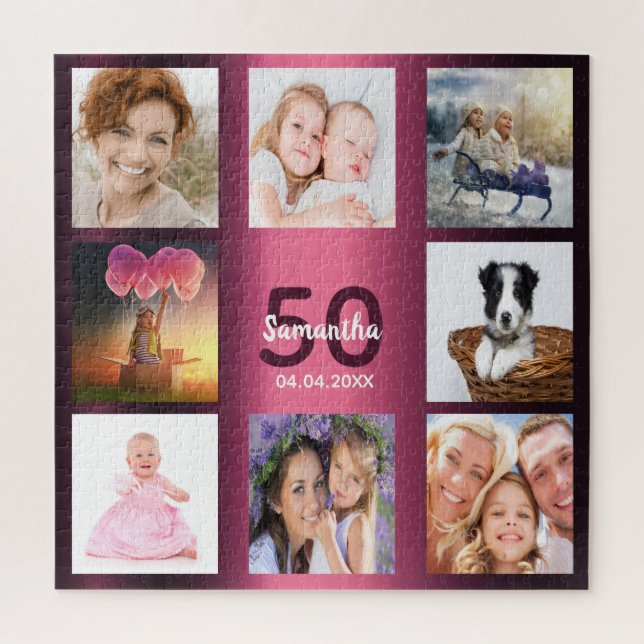 50th birthday burgundy photo collage woman jigsaw puzzle (Vertical)