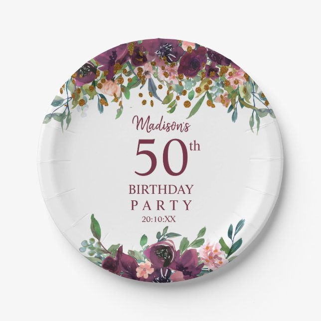 50th Birthday Burgundy | Pink Floral Glitter Party Paper Plate (Front)