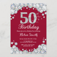 50th Birthday Burgundy Red and Silver Diamond
