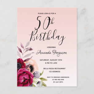 50th birthday burgundy rose gold floral invitation postcard