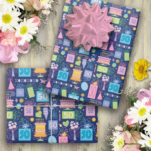 50th Birthday Cake Presents Balloons Blue Wrapping Paper Sheet