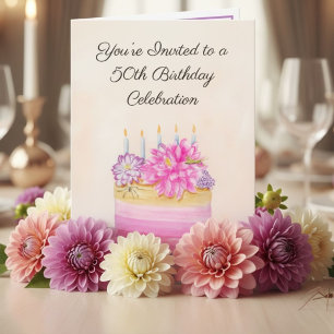 50th Birthday Cake with Dahlia and Garden Insect   Invitation