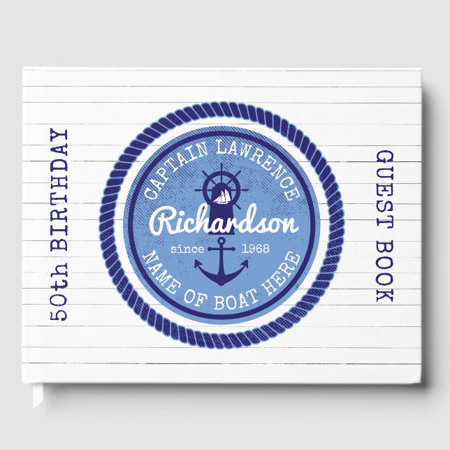 50th Birthday Captain Nautical Rope Anchor Helm Guest Book (Front)