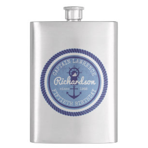 50th Birthday Captain Nautical Rope Anchor Helm Hip Flask