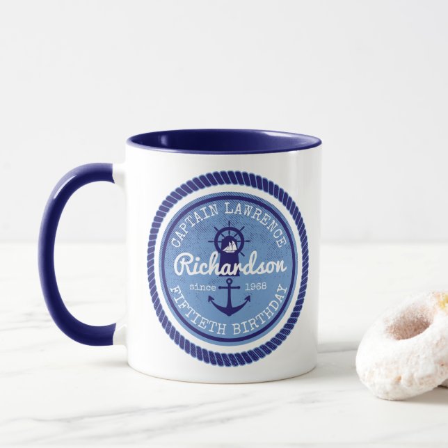 50th Birthday Captain Nautical Rope Anchor Helm Mug (With Donut)