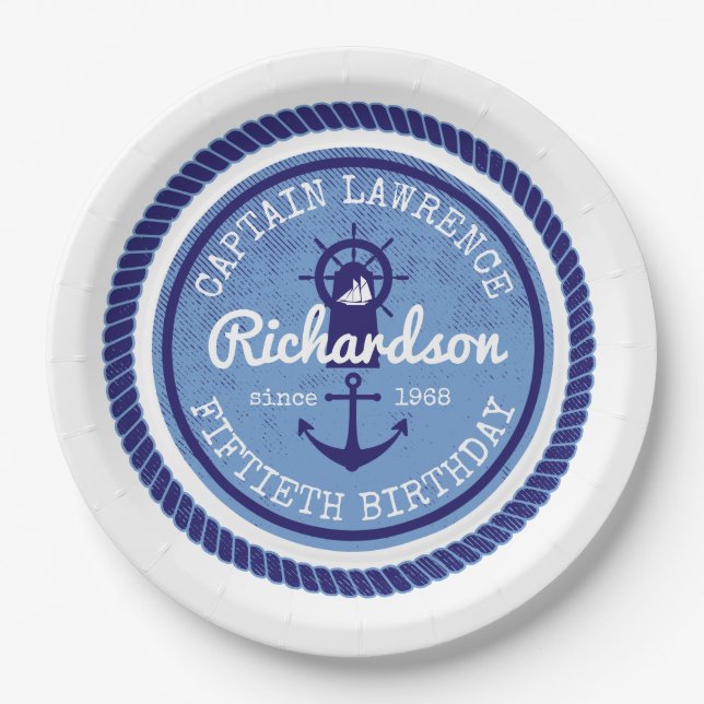 50th Birthday Captain Nautical Rope Anchor Helm Paper Plate (Front)