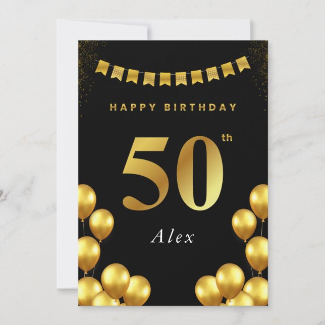 50th Birthday Card Black and Gold Balloons (Front)