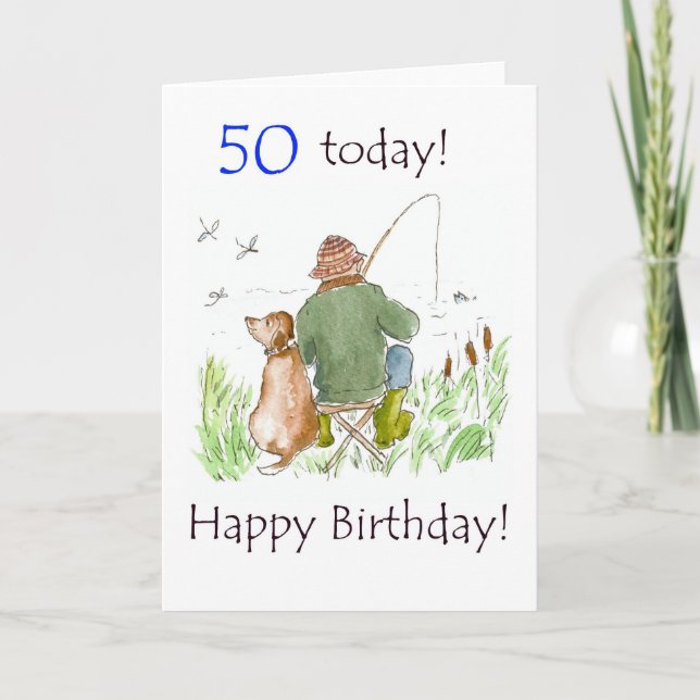 50th Birthday Card - Man Fishing with Dog (Front)