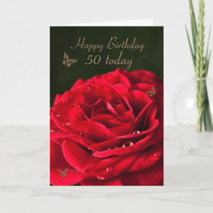 50th Birthday Card with a classic red rose