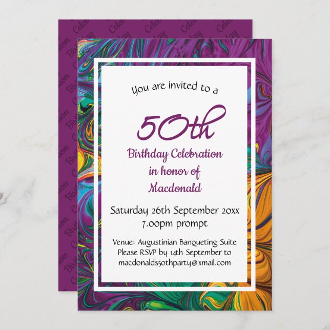 50th Birthday Celebration Abstract Purple Custom Invitation (Front/Back)
