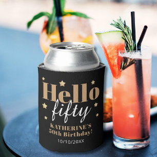 50th Birthday Celebration Black and Gold Can Cooler