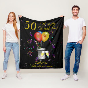 50th Birthday Celebration Black Gold Fleece Blanket