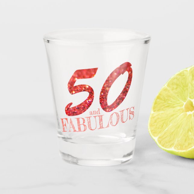 50th Birthday Celebration Coral Glitter Bokeh Shot Glass (Front)