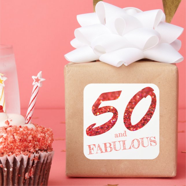 50th Birthday Celebration Coral Glitter Sparkle Square Sticker (Party)