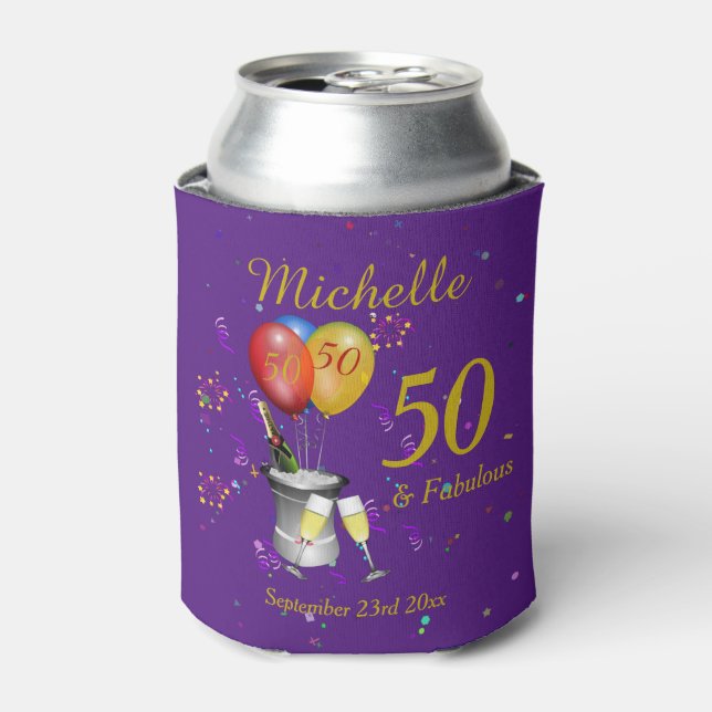 50th Birthday Celebration Purple Can Cooler (Can Front)