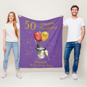 50th Birthday Celebration Purple Fleece Blanket