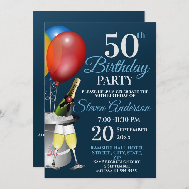 50th Birthday Celebration Sparkling Wine Party Invitation (Front/Back)