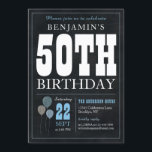 50th Birthday Chalkboard Blue Balloon Rustic Chic Invitation<br><div class="desc">Rustic Vintage Chalkboard White Blue Balloon 50th Birthday Party Invitation</div>