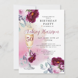 50th Birthday Champagne Glass Floral Birthday  Invitation