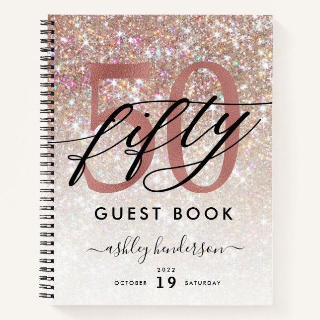 50th Birthday Champagne Glitter Guest Book (Front)