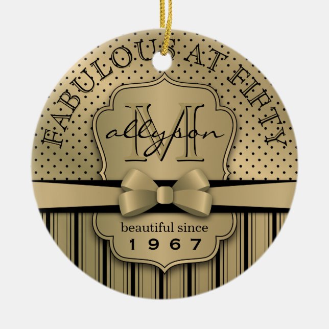 50th Birthday Champagne Gold Polka Dot Stripes Bow Ceramic Tree Decoration (Front)
