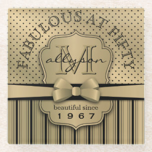 50th Birthday Champagne Gold Polka Dot Stripes Bow Glass Coaster