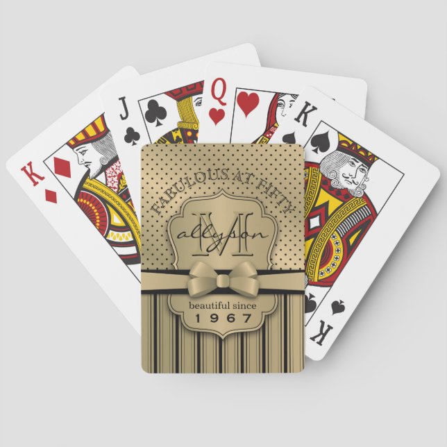 50th Birthday Champagne Gold Polka Dot Stripes Bow Playing Cards (Back)