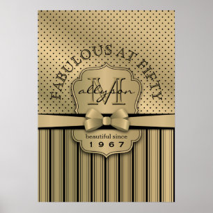 50th Birthday Champagne Gold Polka Dot Stripes Bow Poster